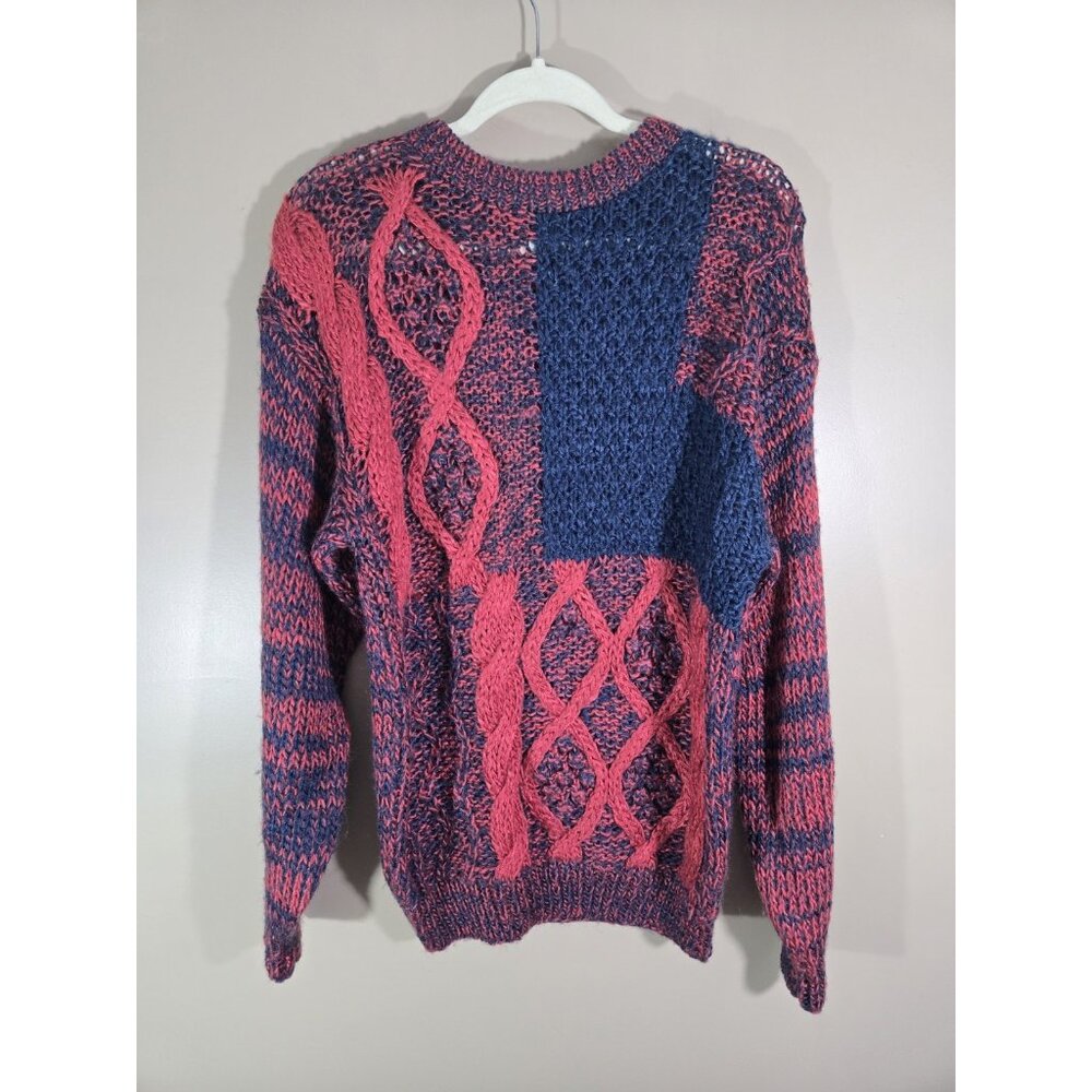 SOH Handmade Red Blue 3D Cable Knit Sweater Size M